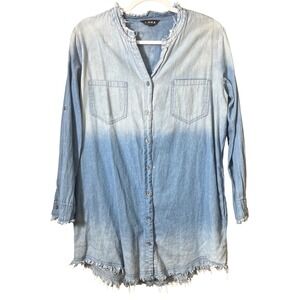 J. NNA Long Sleeve Button Down Ombré Denim Tunic Shirt Frayed Hem Small Boho